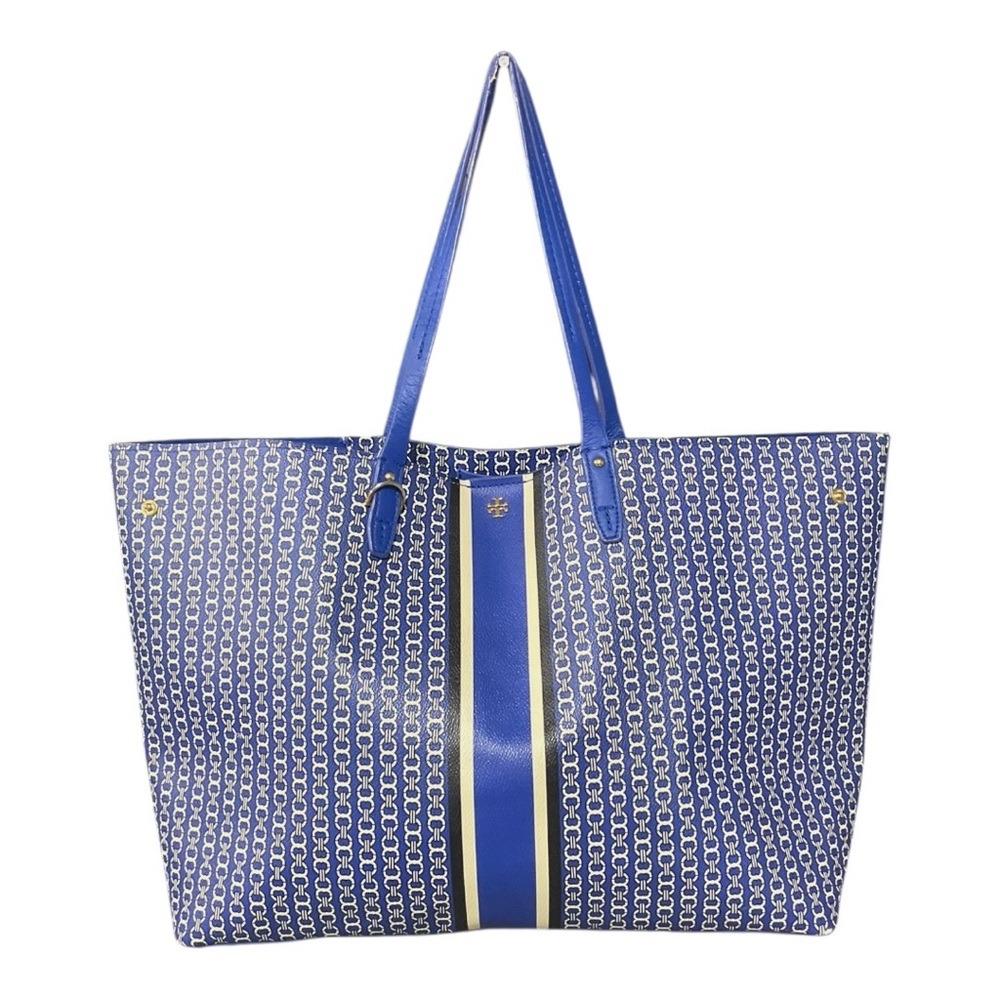 Tory Burch Blue Printed Canvas Tote with Yellow Stripe
